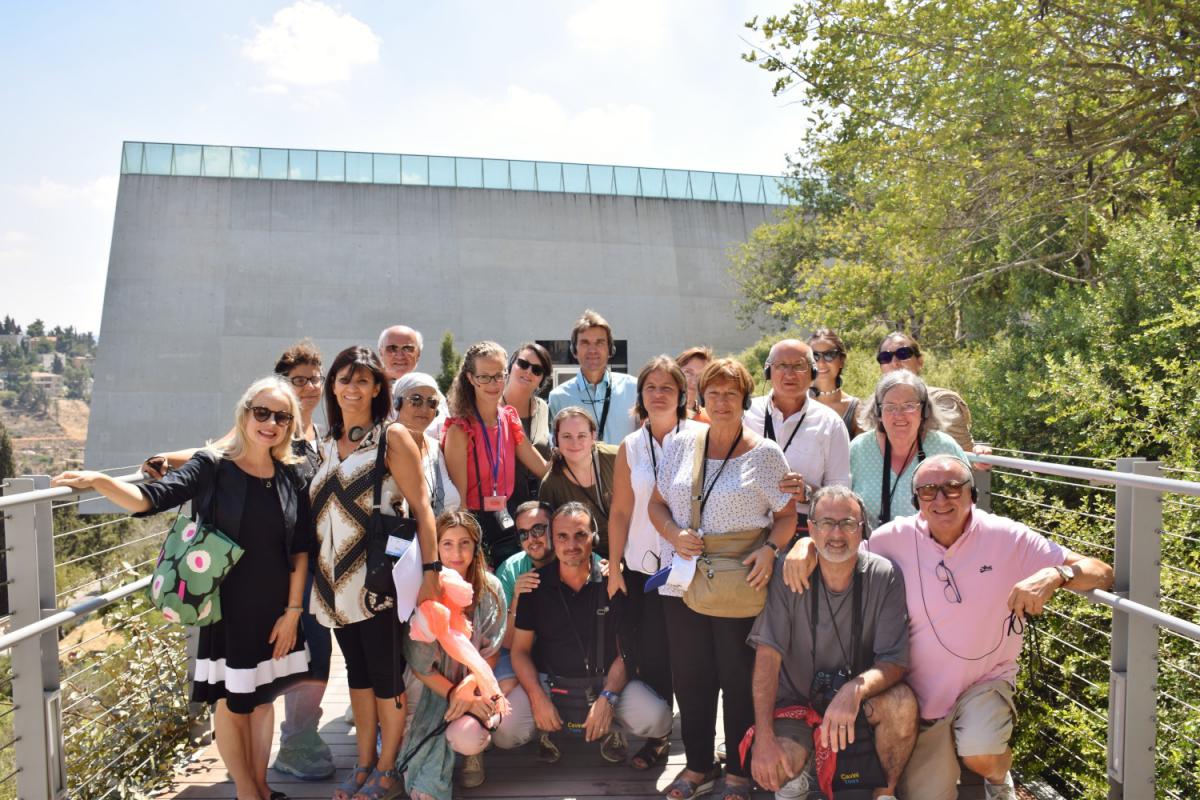 Pastor Pietro Lamanna (back, far left) of Shepherd International University and his group with Dr. Susanna Kokkonen (front, far left) in front of the museum at Yad Vashem on 12th July, 2018
