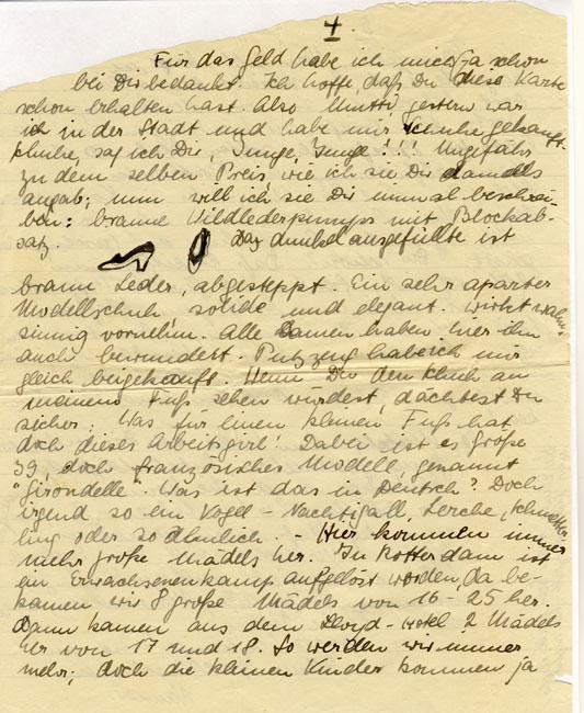 מכתב של מריאנה לאמה מ-17 במרץ 1940 בו היא מתארת ומציירת זוג נעליים חדשות שקנתה