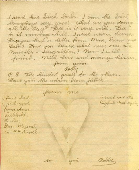 A letter from Robert to his mother, dated 20th February 1940. Part of the letter is written in English, in preparation for their intended emigration to the USA