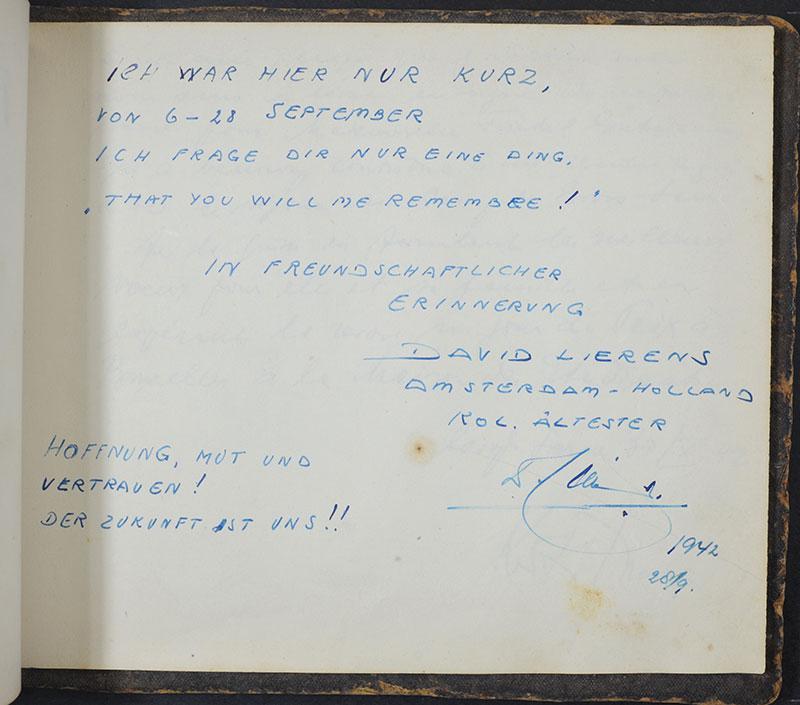 &quot;I hope that you remember me,&quot; Dedication by David David Lierens on 28 September 1942 