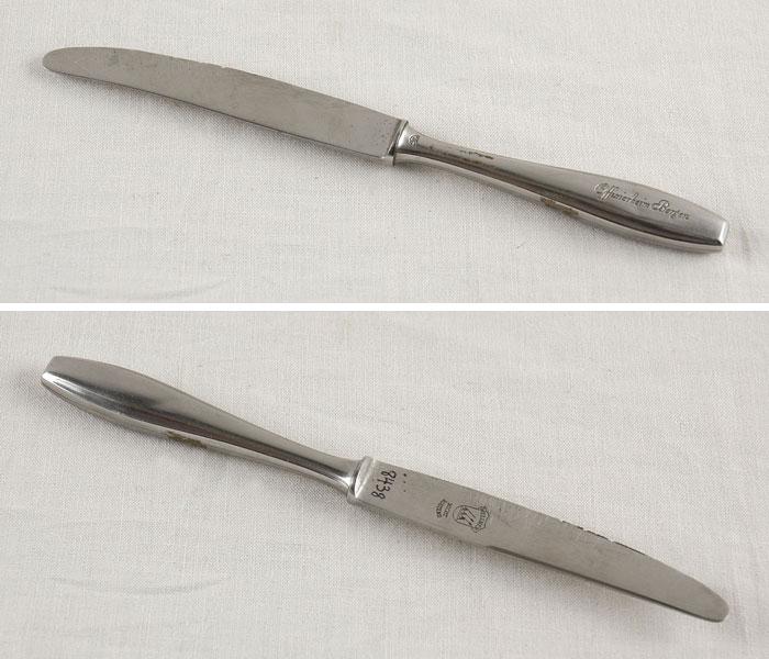 Un cuchillo que recibió Zalman Schwimer de un prisionero de guerra ruso a cambio de medio nabo congelado. La inscripción en el cuchillo reza: “Offizierheim Bergen” (Barraca de oficiales – Bergen)