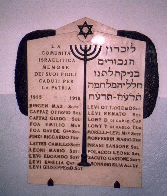 Memorial plaque in the synagogue in Genoa, inscribed with the names of the soldiers of the Jewish community who fell in World War I, among them Dario and Tullio Lovvy 