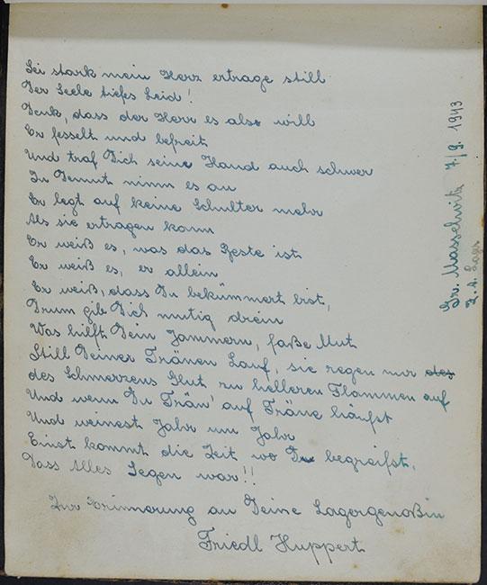 שיר פרידה שכתבה פרידל הופרט כהקדשה בספר הזיכרונות במחנה גרוס-מסלוויץ, 7.9.1943