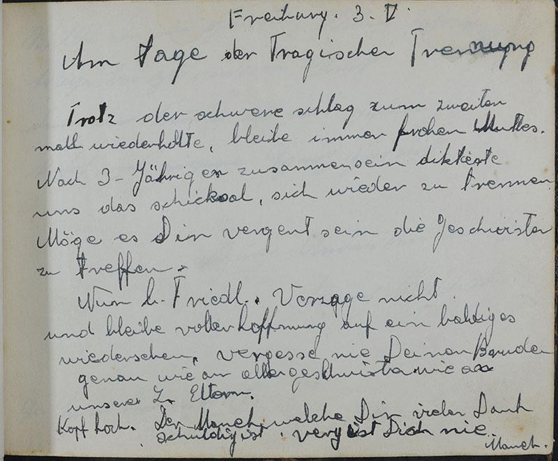 הקדשה שכתב עמנואל גוטמן לאחותו, פרידה גוטמן, במחנה פרייבורג ב-3 במאי. אין ציון של השנה. כנראה 1944