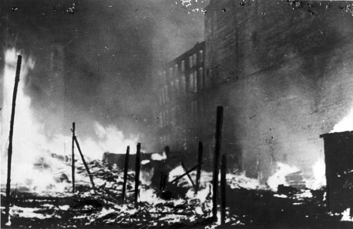 The remains of the Warsaw Ghetto in flames, May 12, 1943