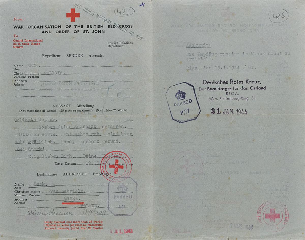 Telegramm vom 19. Juli 1943, das Felicia Beck durch das Rote Kreuz aus England an ihre Mutter Gabriele in Minsk schickte.