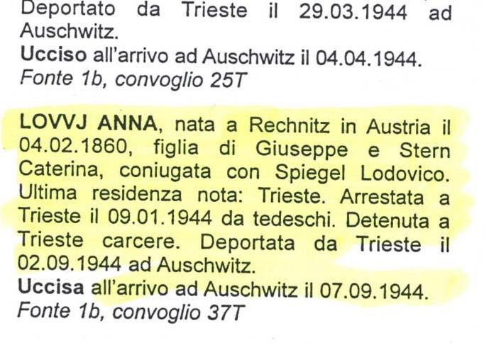 Excerpt from the memorial book for the victims of the Holocaust in Italy, listing the details of Anna Spiegel née Lovvy