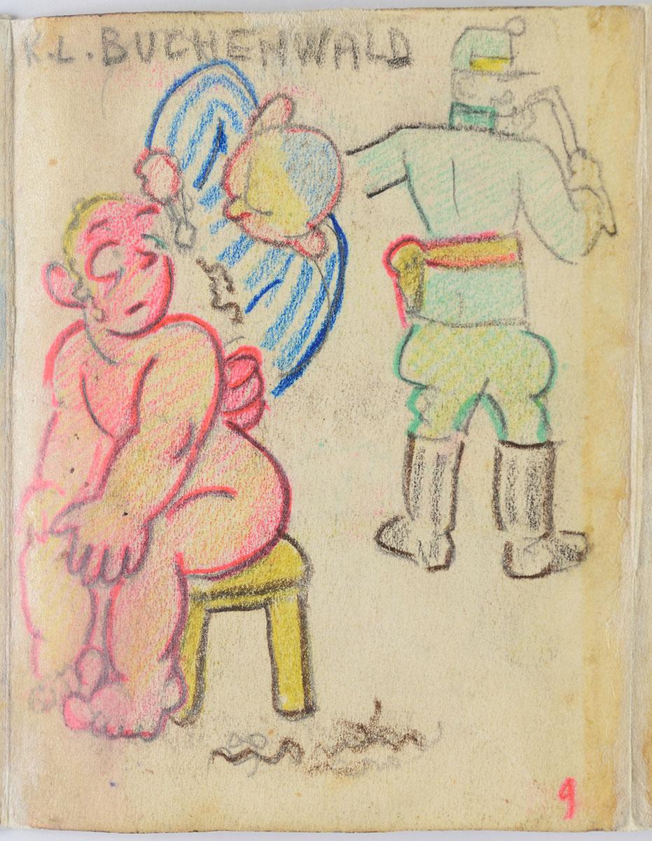 «Campo de Buchenwald». Un hombre desnudo sentado mientras un peluquero en ropas de prisionero le corta las «peot». Al fondo, un soldado alemán que sostiene un látigo