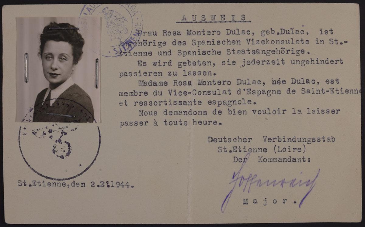 Pase en alemán y francés a nombre de Rosa Montero, emitido el 2 de febrero de 1944 a Rosalie Skornicki por las autoridades alemanas en Saint-Étienne