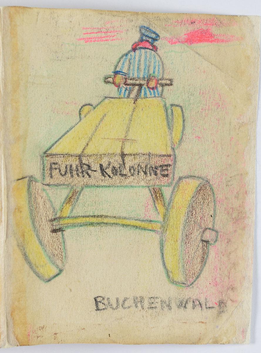 «Buchenwald». Un prisionero en traje de rayas empuja un carro. El cartel reza: «Fuhr Kolonne» (grupo de transporte)