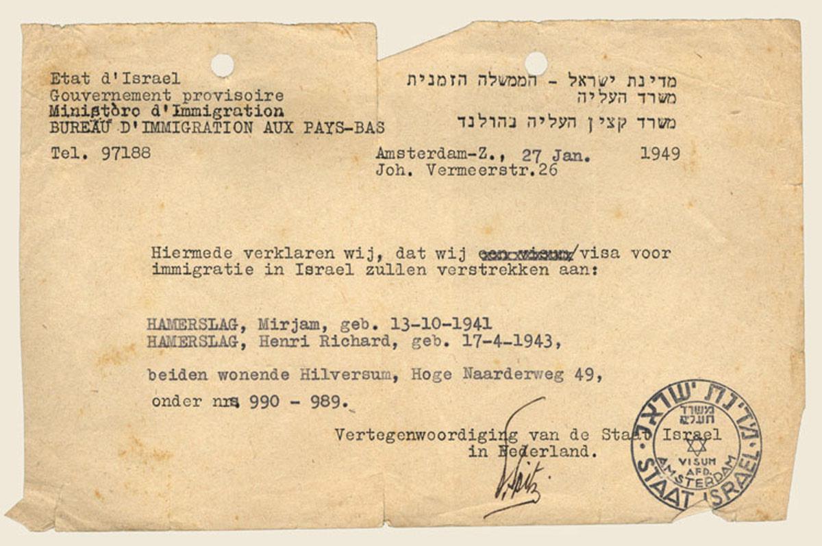 Documento de Alia (inmigración) a Israel para Zvi y Miriam Hamerslag