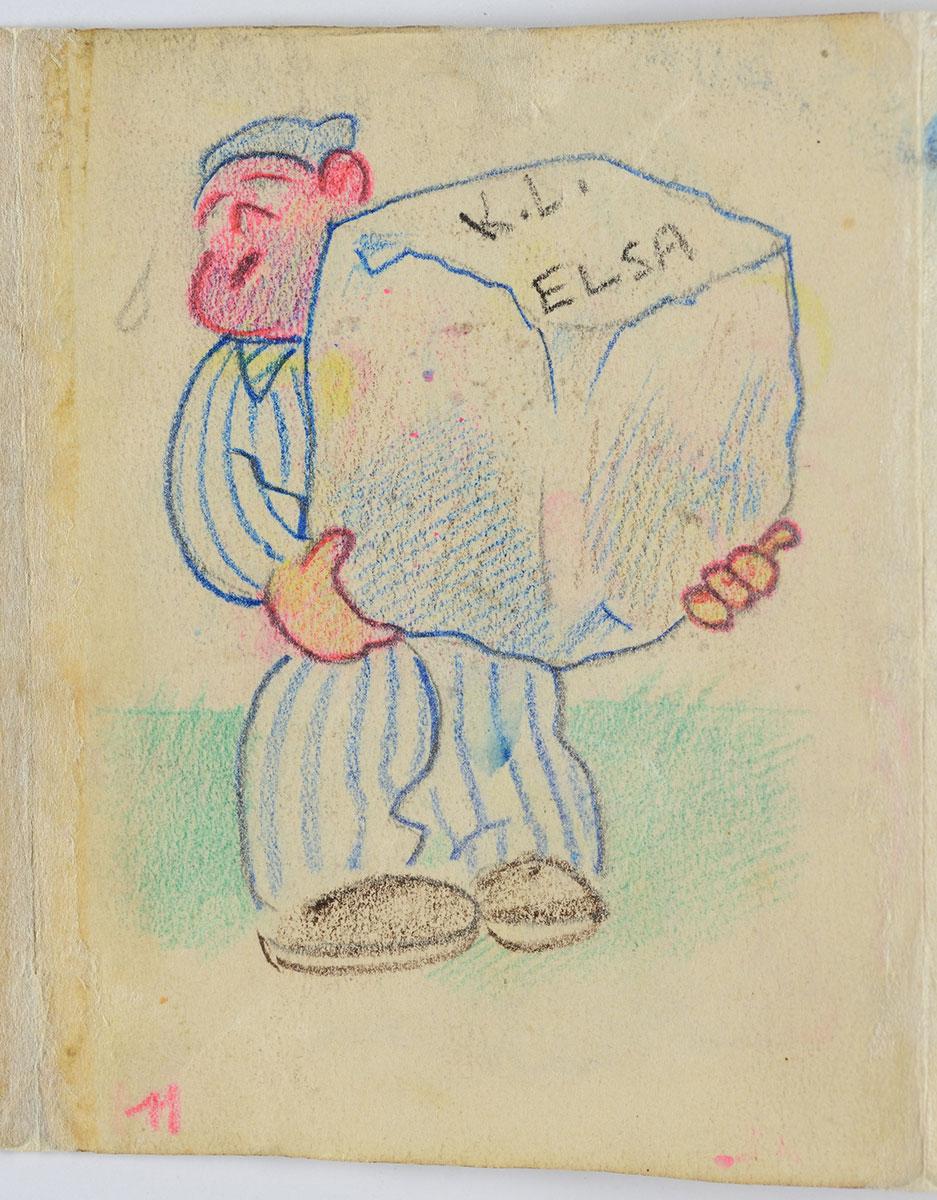 «K.L. Elsa». Un prisionero en traje de rayas sostiene un pesado bloque con la inscripción «K.L. Elsa»