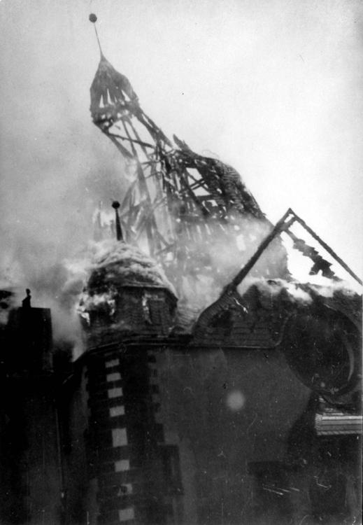 Siegen, Germany, A synagogue on fire during Kristallnacht, November 10, 1938