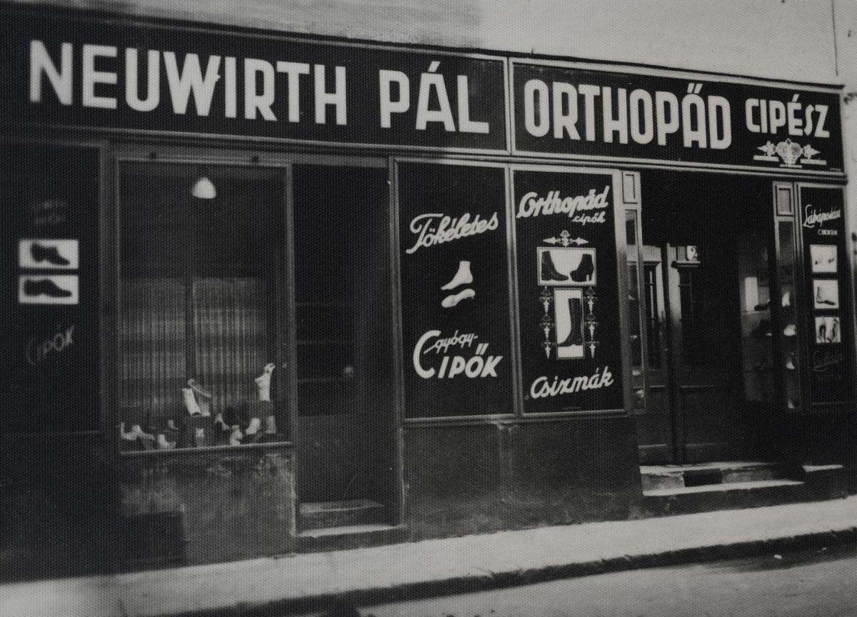 Shoe store owned by Paul Neuwirth. Győr, Hungary, prewar.  Paul, his wife and four of their children were murdered in the Holocaust.