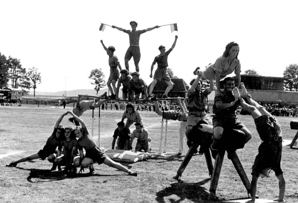 Athletes of the Maccabi sports club exercising in the Föhrenwald DP Camp, Germany, postwar