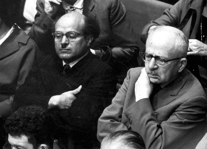 Justice Minister P. Rosen and the previous Speaker of the Knesset, Israel Yeshayahu, at the Eichmann Trial