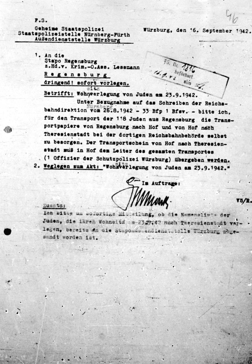 Document dated 16 September 1942 bearing instructions from the Gestapo headquarters in Würzburg regarding the deportation of the Jews of Regensburg. 