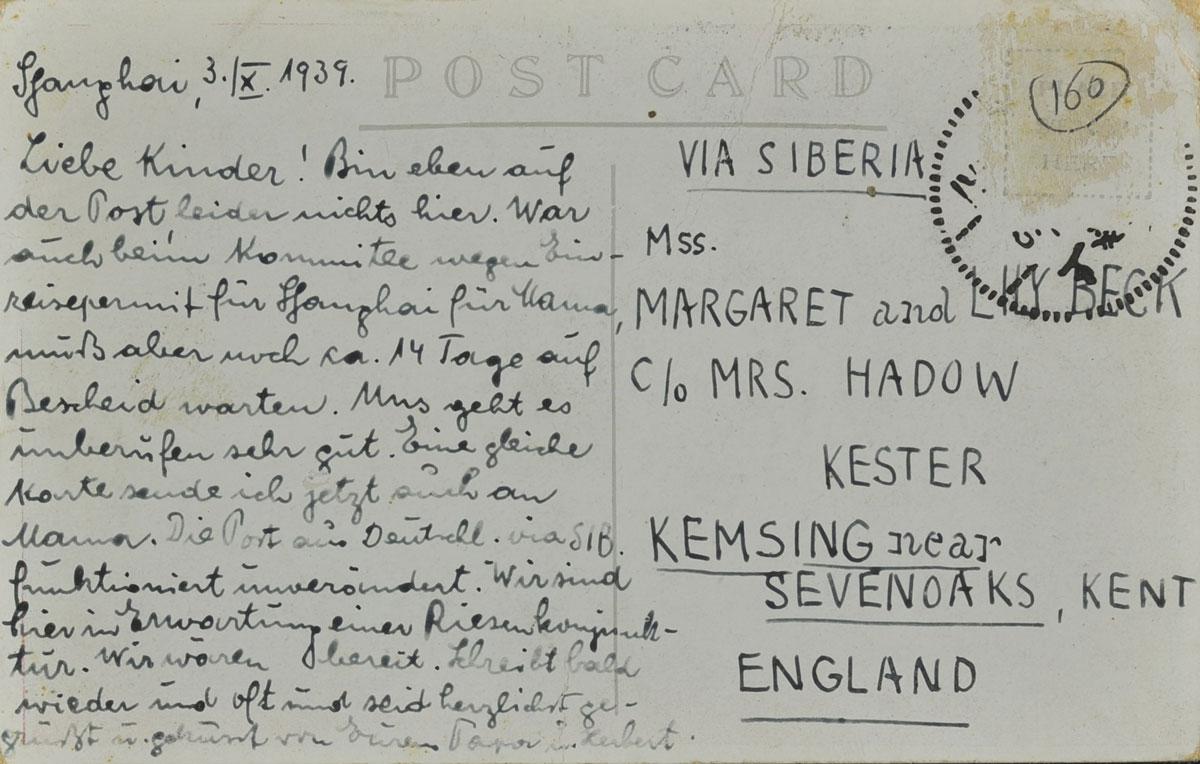 Postkarte von Robert Beck aus Shanghai an seine Töchter in England, Oktober 1939.