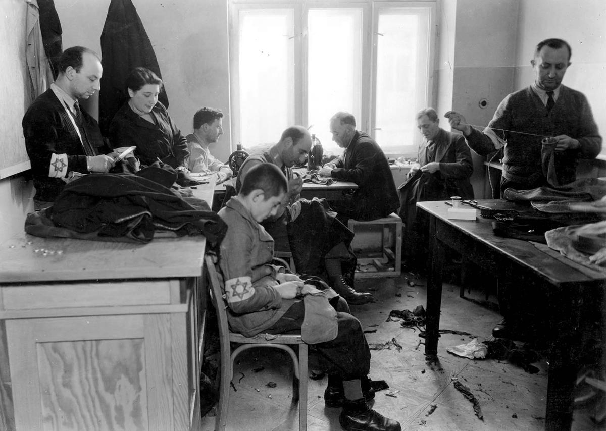 Workers in a sewing factory in the main building of the ZSS at 13 Leszno St., Warsaw ghetto