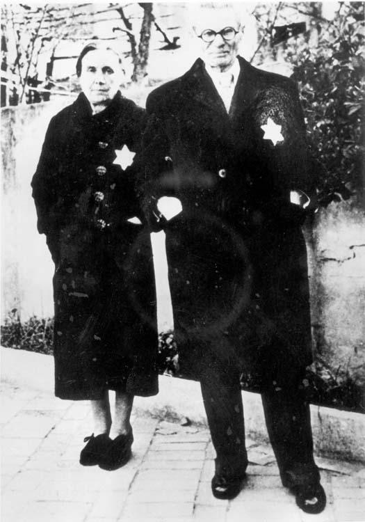 Saloniki, Greece, 1942-1943, An elderly Jewish couple wearing the Jewish badge