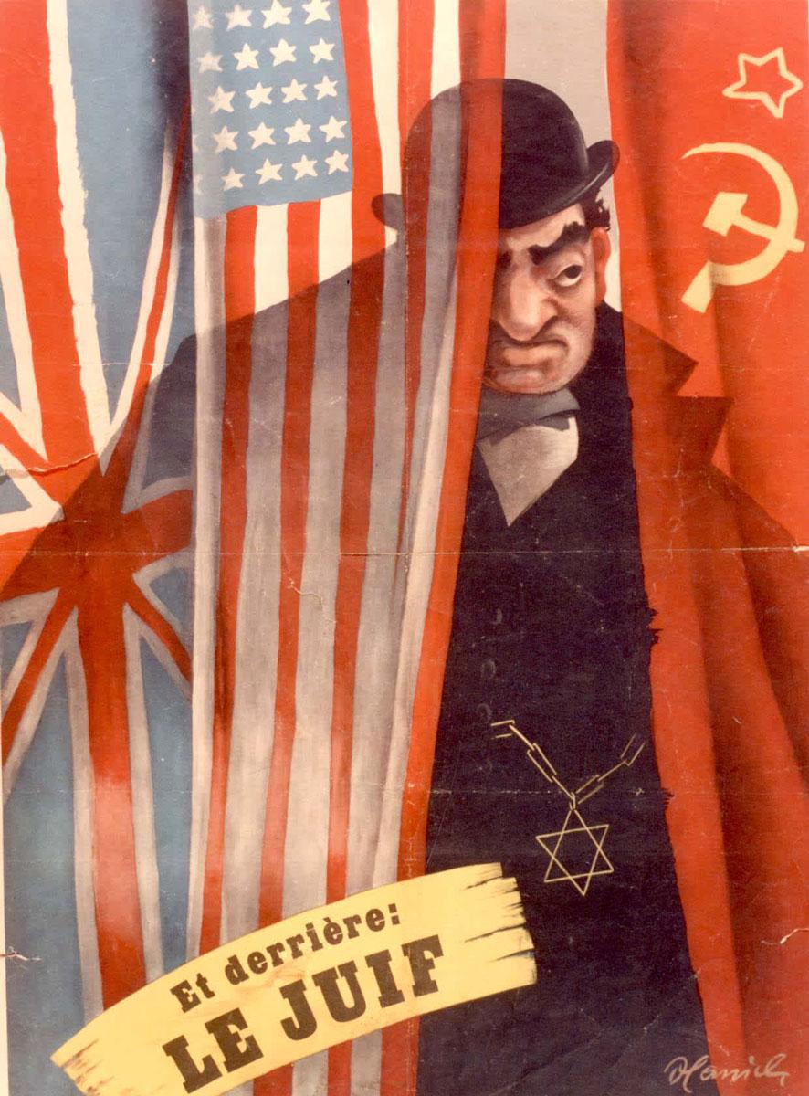 קריקטורה נאצית משנת 1943, המציגה את היהודי כמי שעומד מאחורי הברית שבין בריטניה, ארה"ב ובריה"מ