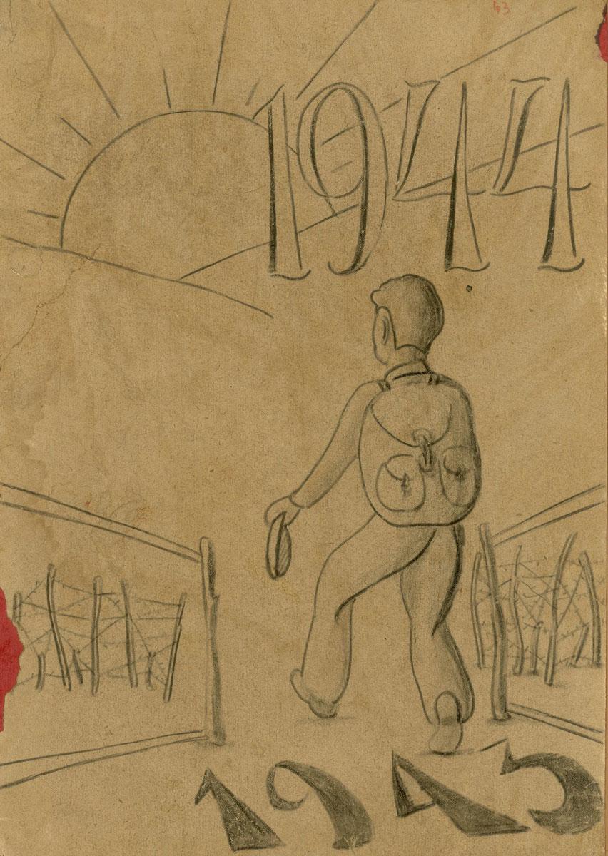 יום השחרור. בציור שצייר גבריאל כהן במחנה ופניארקה שבטרנסניסטריה אדם צועד דרך שער פתוח לעבר השמש המפציעה.