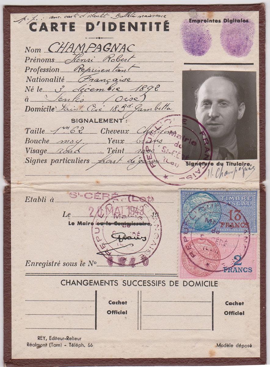 Carte d'identité française utilisée par Yehoshua Lifshitz en 1943 au nom d'Henri Robert Champagnac