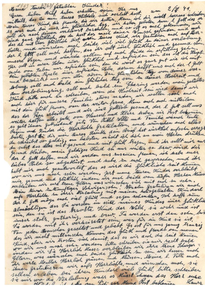 Brief von Laura und Isidor an ihre Tochter Hilda, 2.7.1941