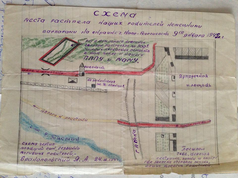 מפה ששרטט יעקב בראנופולסקי כדי להראות לאחותו את מקום הרצח של הוריהם גולדה ואברהם בראנופולסקי בעיר הולדתם נובו גיורגייבסק 