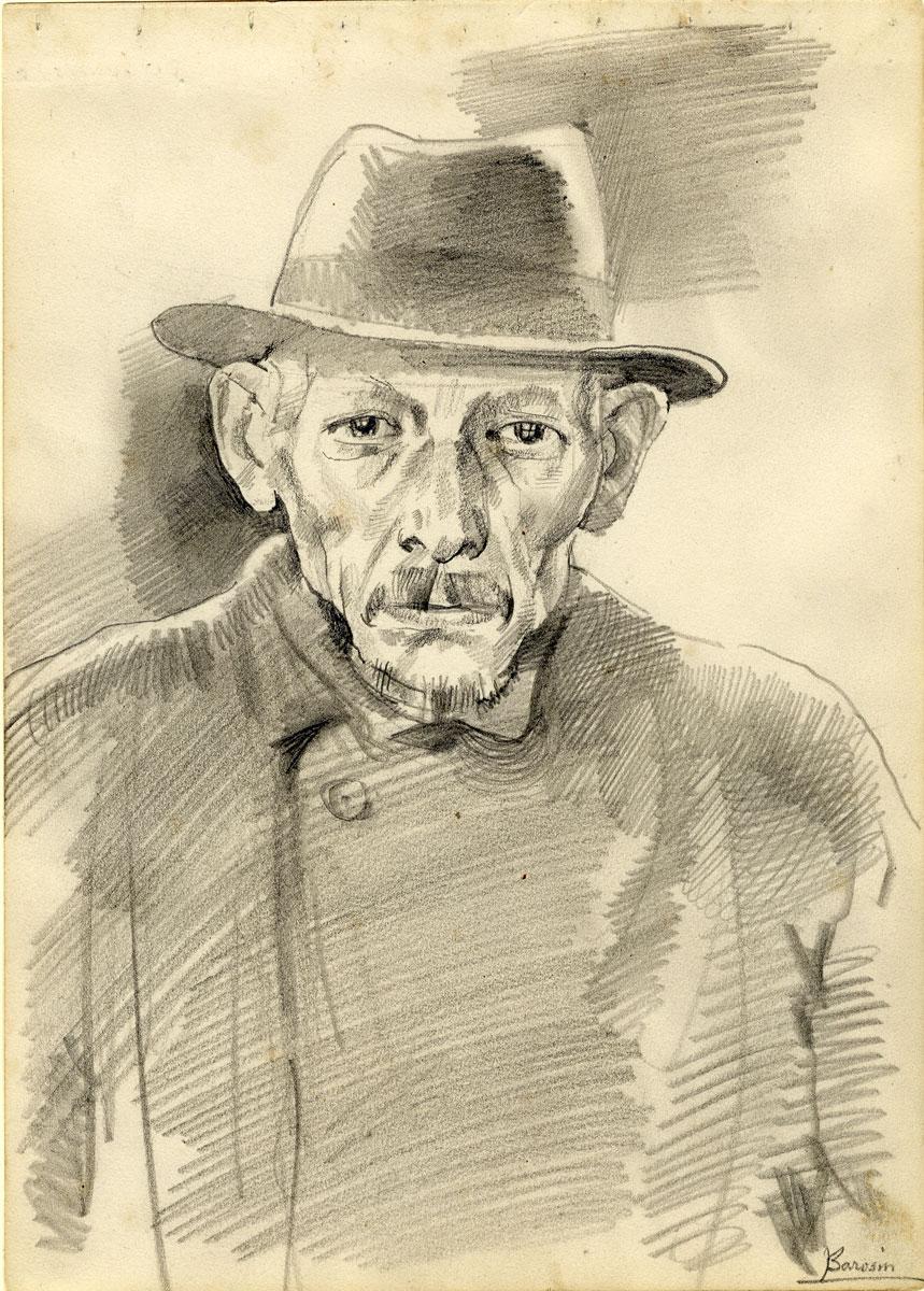 Jacob Barosin (1906-2001), Portrait of a Mustached Man with Hat, Gurs Camp, 1943 