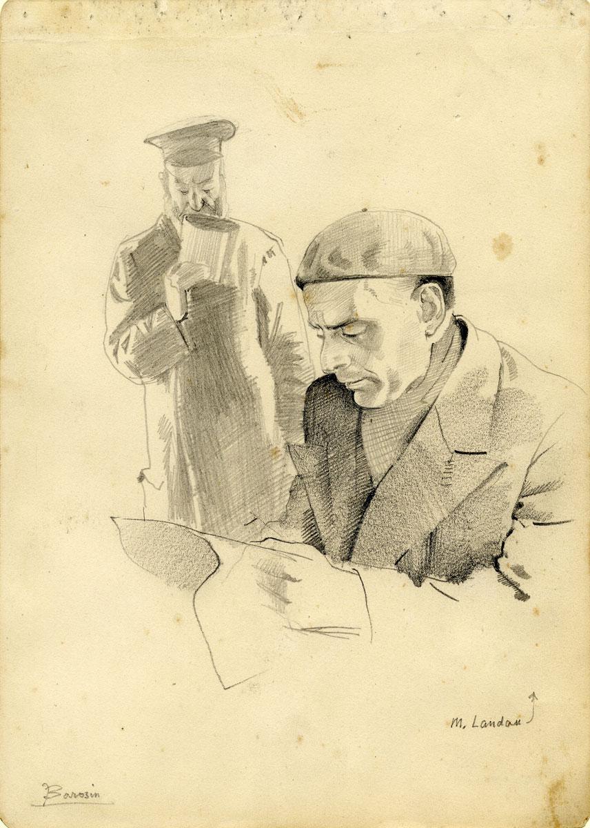 Jacob Barosin (1906-2001), Mr. Landau and an Inmate with Russian Uniform, Gurs Camp, 1943
