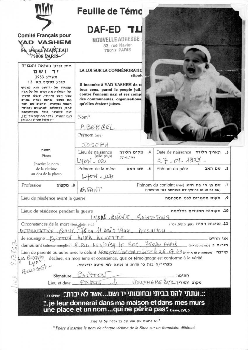 La Feuille de témoignage de Joseph Abergel, déporté à Auschwitz à l’âge de 9 ans par le convoi 78 du 18 août 1944