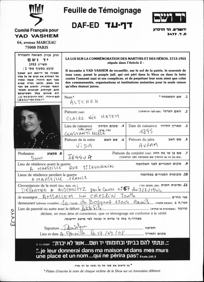 La Feuille de témoignage de Claire Altcheh, née à Constantinople et déportée de Marseille vers Auschwitz par le convoi 67 du 3 février 1944