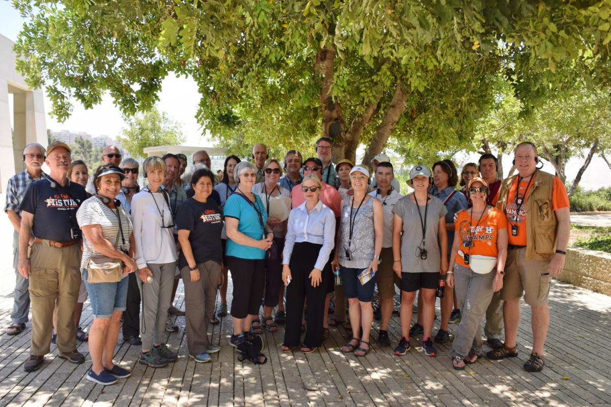 Pastor Robert Dean (far right) with his wife Pamela and their group pictured with Dr. Susanna Kokkonen (front, center) at the entrance to the Avenue of the Righteous Among the Nations, Yad Vashem on 11th June, 2018