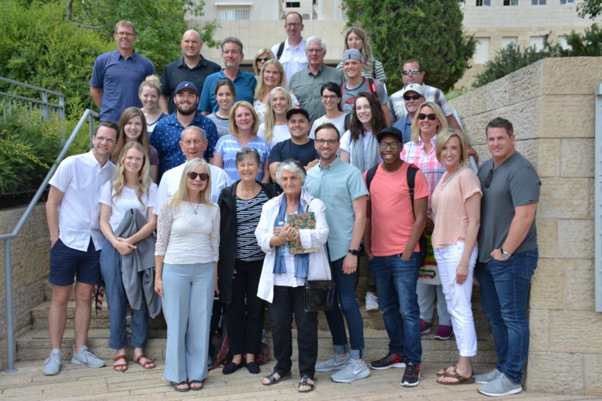 Pastor Robert Stearns’ Eagles’ Wings Ministry Group during their visit to Yad Vashem on 3rd June, 2018 pictured with Dr. Susanna Kokkonen (front row, left) and survivor Berthe 