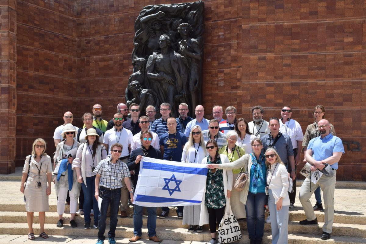 A group of Finnish Medical Doctors pictured in the Warsaw Ghetto Square at Yad Vashem with Dr. Susanna Kokkonen (front, right) during their visit to Yad  Vashem on 30th April, 2018                