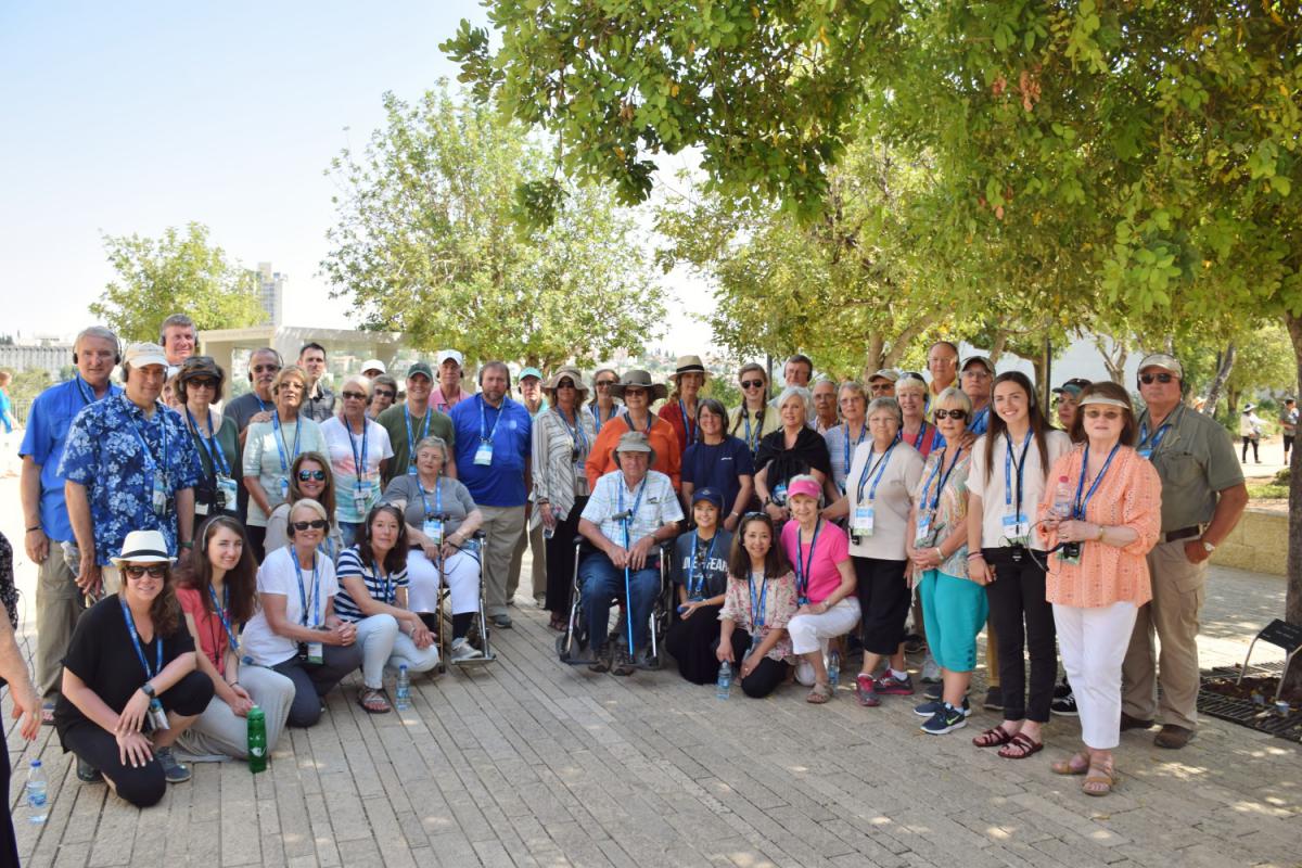ICEJ USA Outreach Director Michael Hines (back row, far left) with his group at the entrance to the Avenue of the Righteous Among the Nations, Yad Vashem on 19th June, 2018