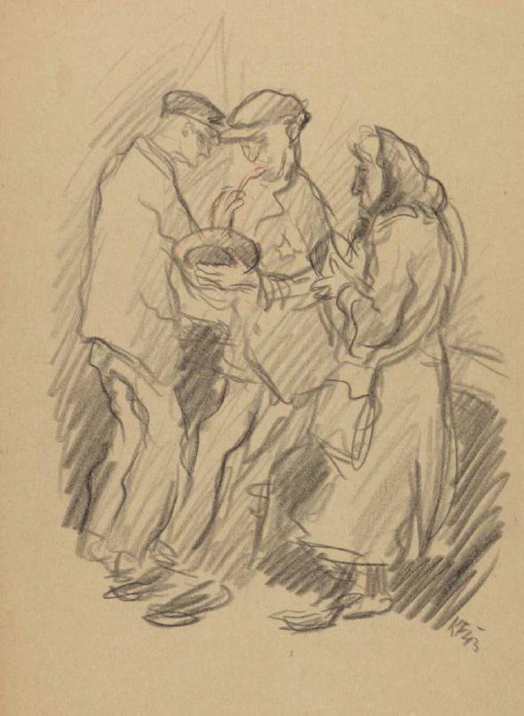 Karel Fleischmann - Silhouettes en train de manger, ghetto de Terezin, 1943, crayon et crayon de couleur sur papier