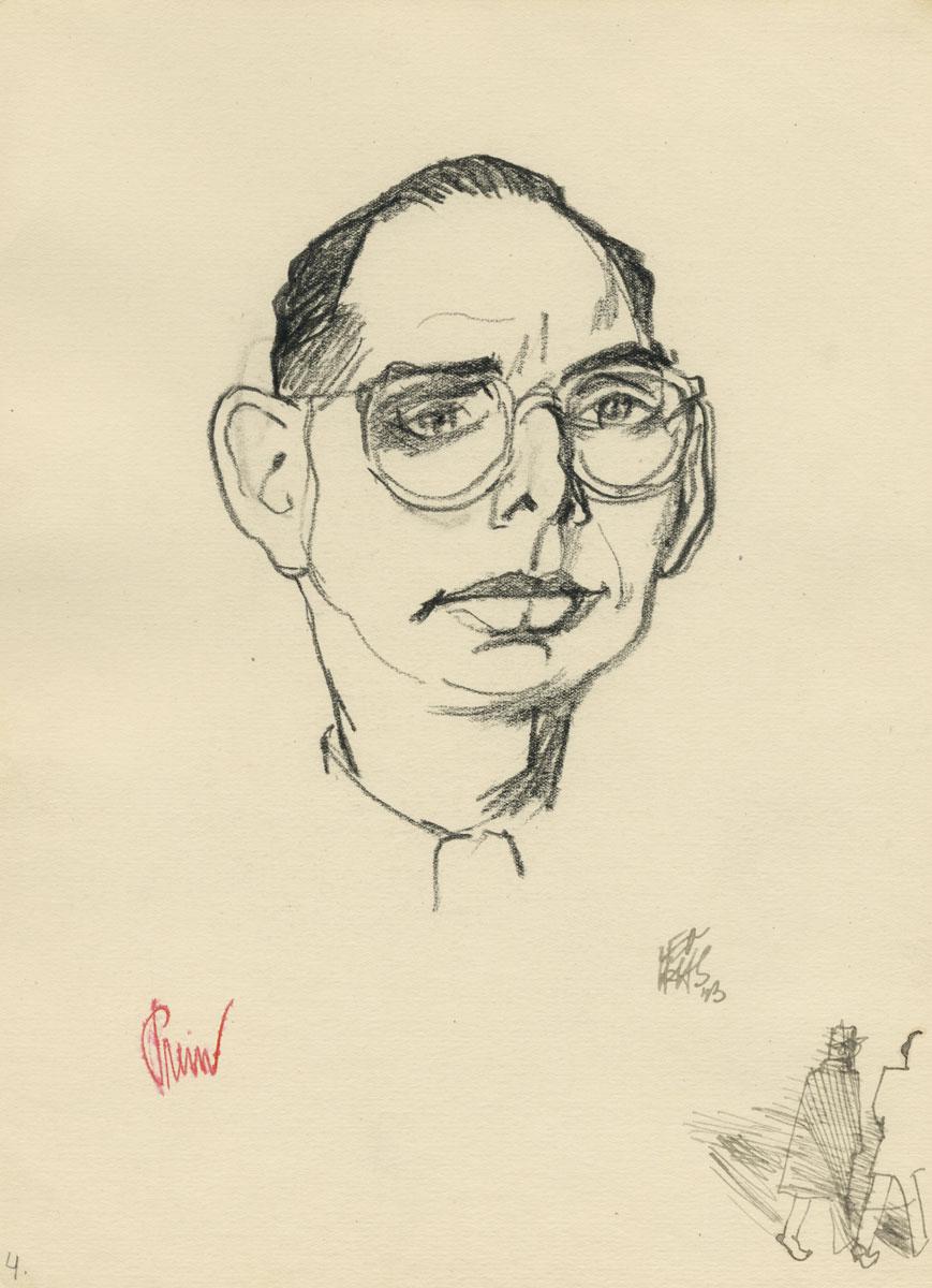 לאו האס (1901-1983), דיוקן גבר מרכיב משקפיים, גטו טרזיינשטט,  1943