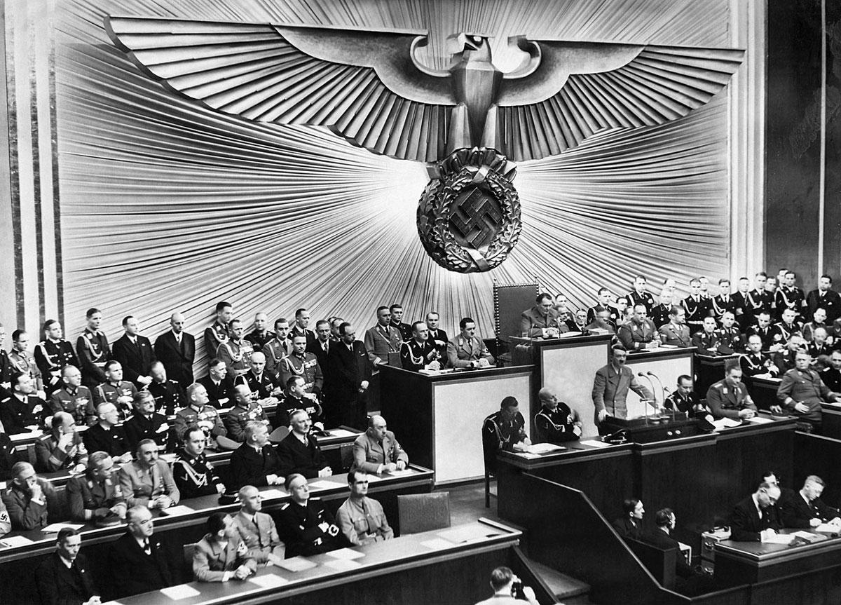Hitler's "prophecy speech" in the Reichstag, 30 January 1939. Hitler declared that the Jews are planning to plunge the nations of the world to a world war, while he was planning it by himself.