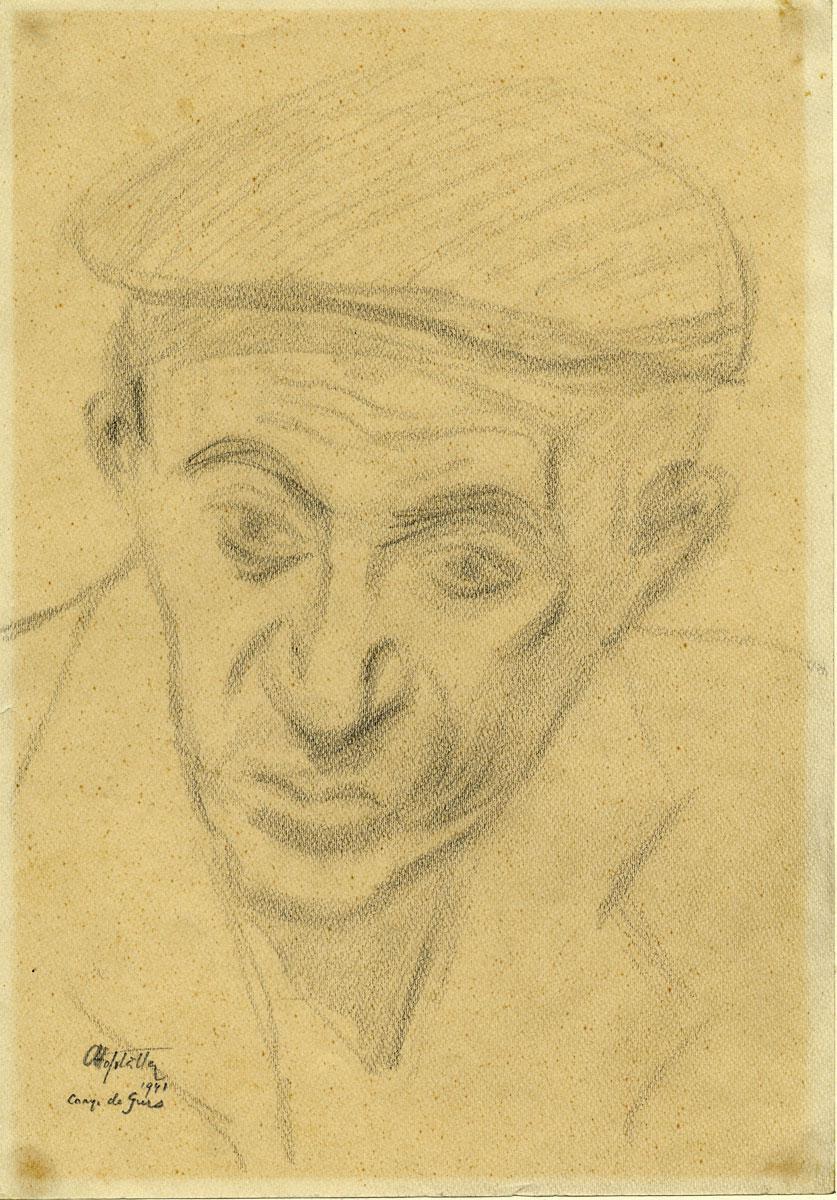 אוזיאש הופשטטר (1905-1994), דיוקן גבר חבוש כובע קסקט, מחנה גירס, 1941