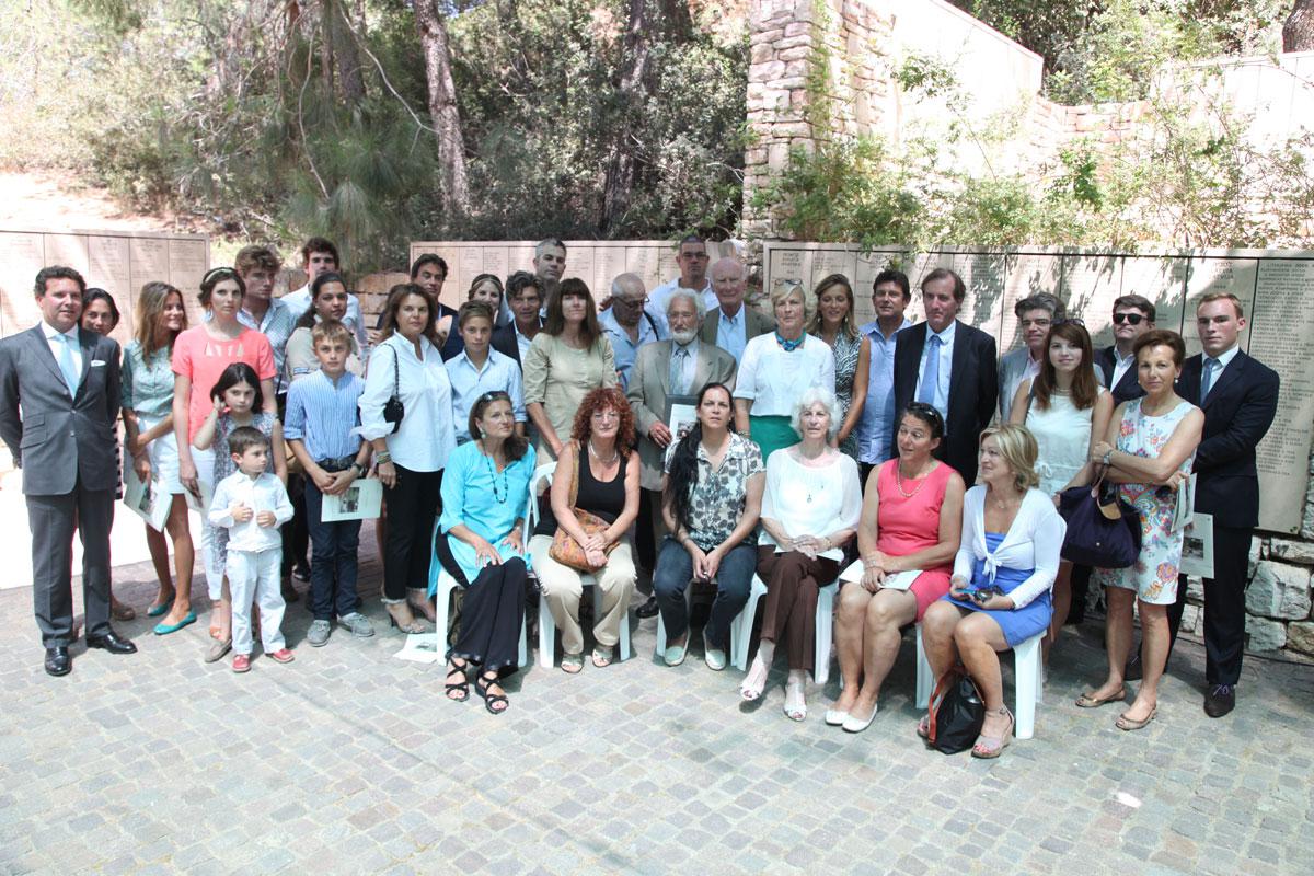 Survivor Dina Godschalk and her family together with the family of her rescuer Count Henry de Menthon in the Garden of the Righteous, Yad Vashem, 5 September 2012