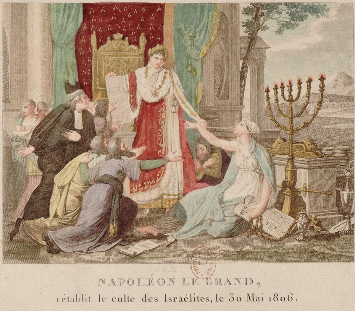 ציור של François Louis Couché משנת 1806 שמציג את נפוליאון בונפרטה המעניק שוויון זכויות ליהודים.