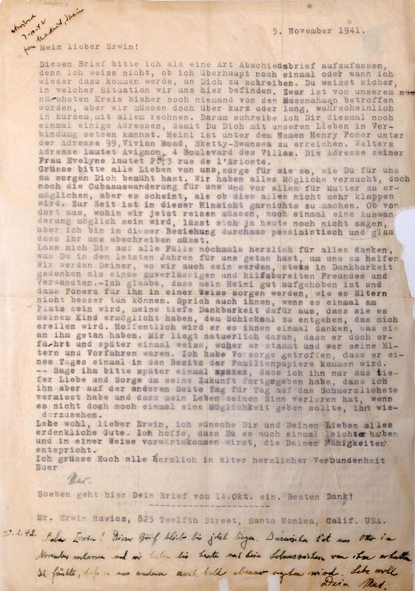 Abschiedsbrief von Max Lichtwitz, 5. November 1941