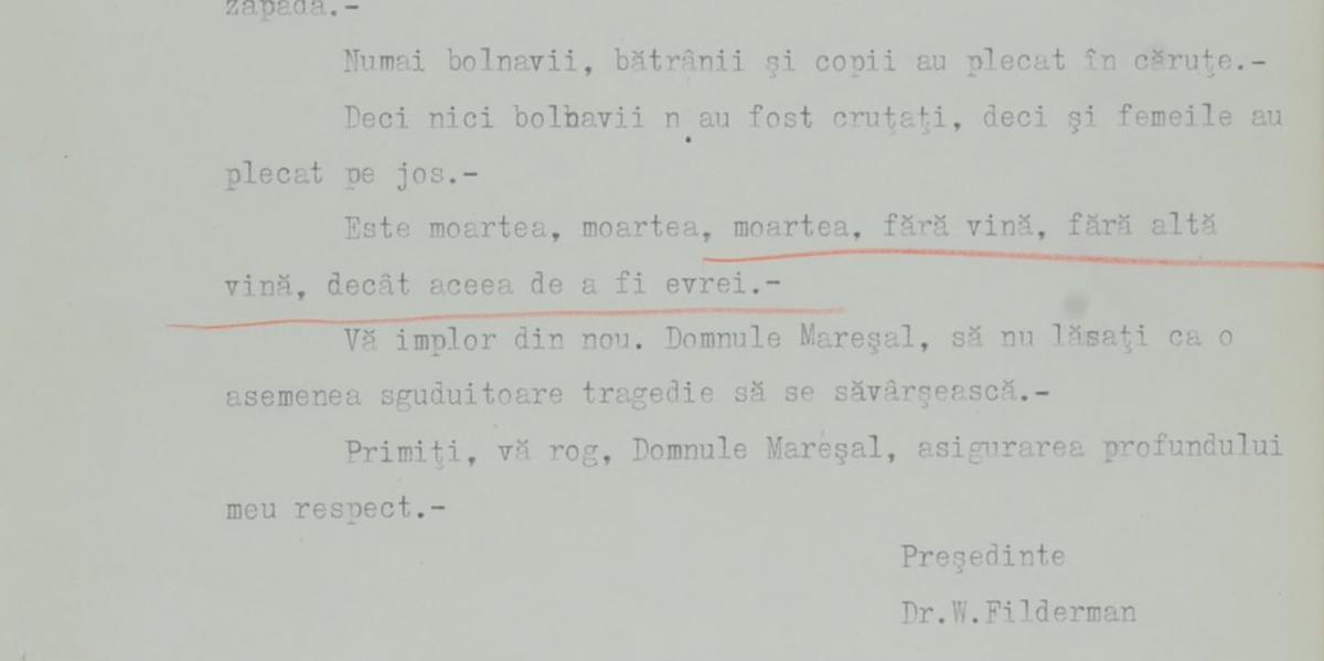 עותק של העצומה ששיגר וילהלם פילדרמן למרשל אנטונסקו באוקטובר 1941, ובה גינה את גירוש יהודי בוקובינה ובסרביה לטרנסניסטריה. ארכיון יד ושם