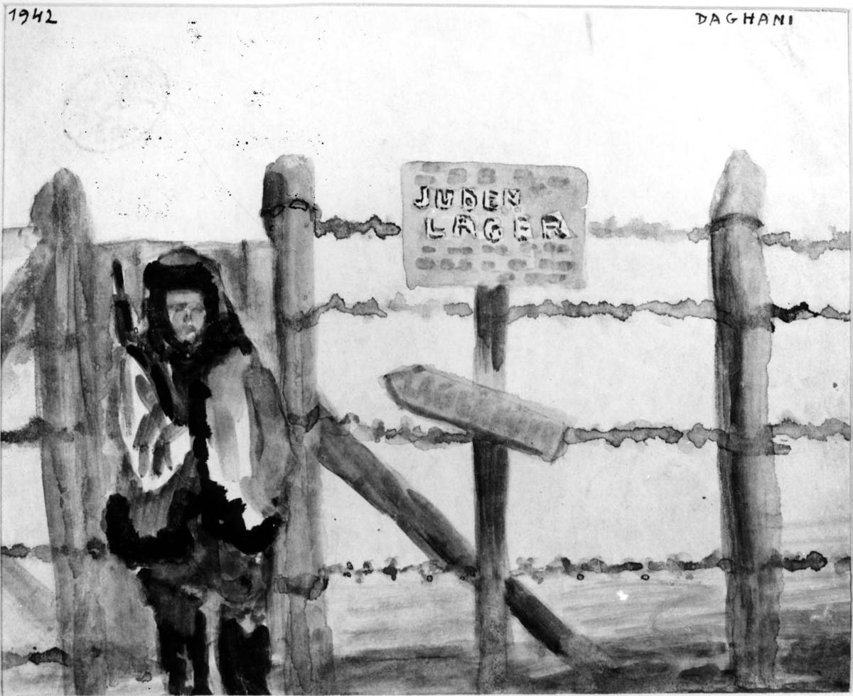 שער מחנה היהודים, ציור של ארנולד דגני,טרנסניסטריה, 1942