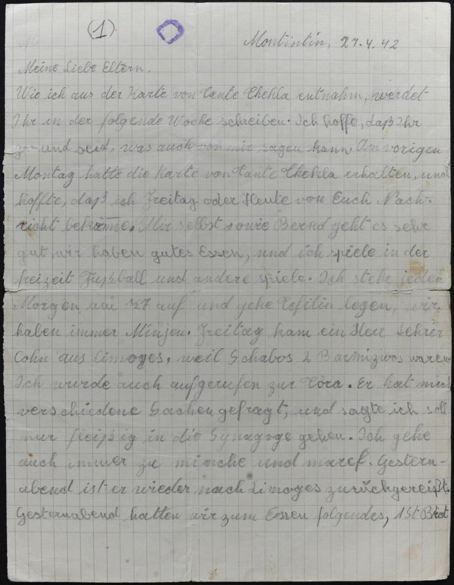 Lettre de Ziegmond (Shmuel) Kaufman à son oncle, 1942