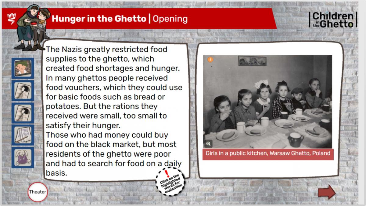 Various topics present about the lives of children in the ghettos, including difficulties they had to deal with such as hunger and overcrowding