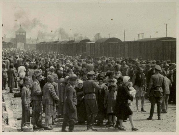 Hungarian Jews from Carpatho-Ruthenia undergoing selection on the ramp at Birkenau.