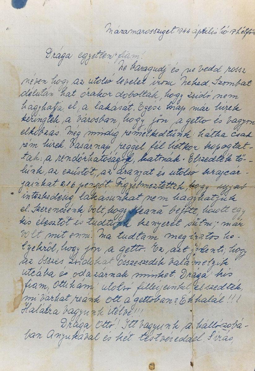 The farewell letter that the Herstik family wrote on 17 April 1944 to their son and brother Otto, who had been conscripted to forced labor 